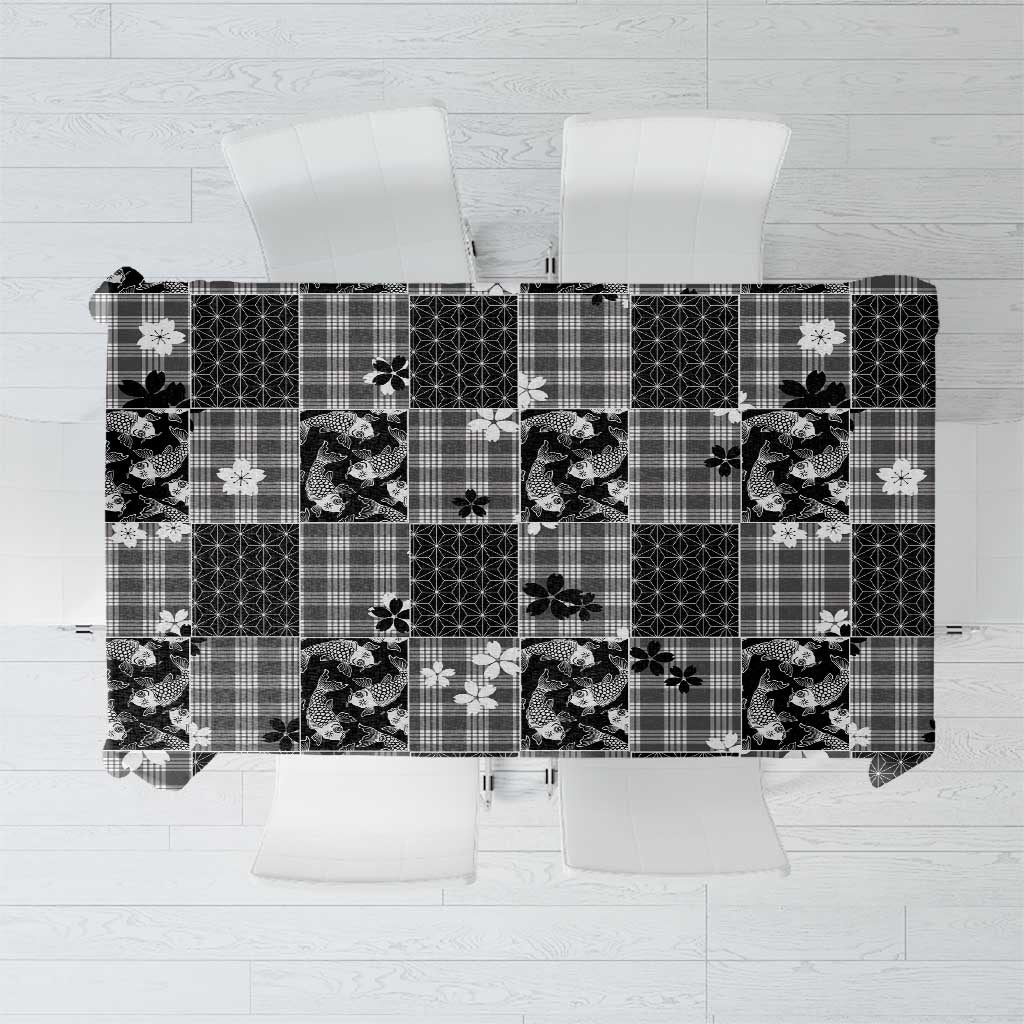 Black Palaka Japanese Patterns Tablecloth Koi Fish Asanoha Sakura Patchwork Stylized - Polynesian Pride