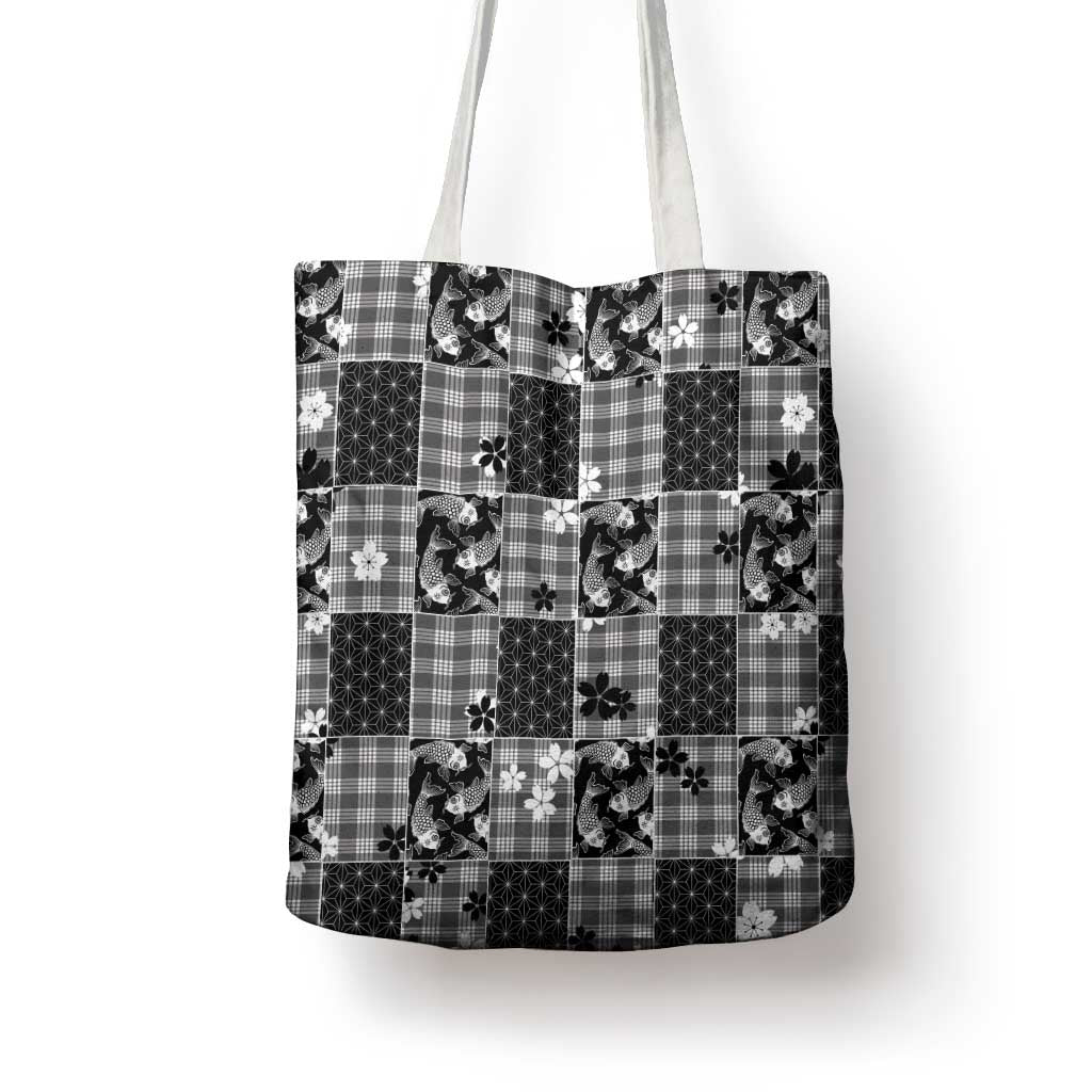 Black Palaka Japanese Patterns Tote Bag Koi Fish Asanoha Sakura Patchwork Stylized - Polynesian Pride