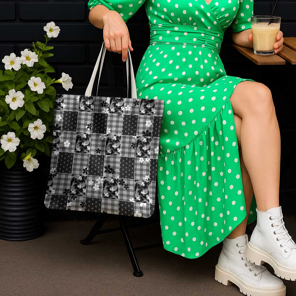 Black Palaka Japanese Patterns Tote Bag Koi Fish Asanoha Sakura Patchwork Stylized - Polynesian Pride