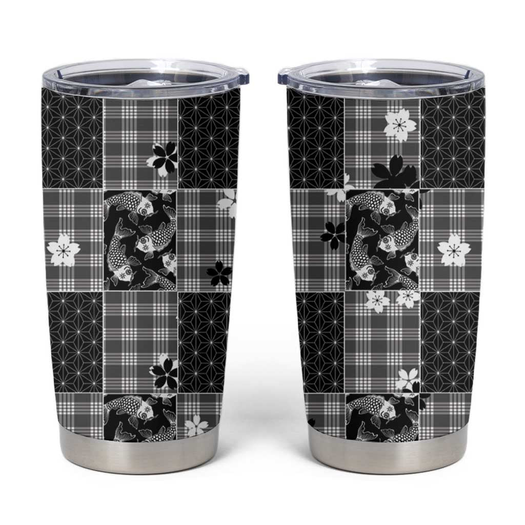Black Palaka Japanese Patterns Tumbler Cup Koi Fish Asanoha Sakura Patchwork Stylized - Polynesian Pride