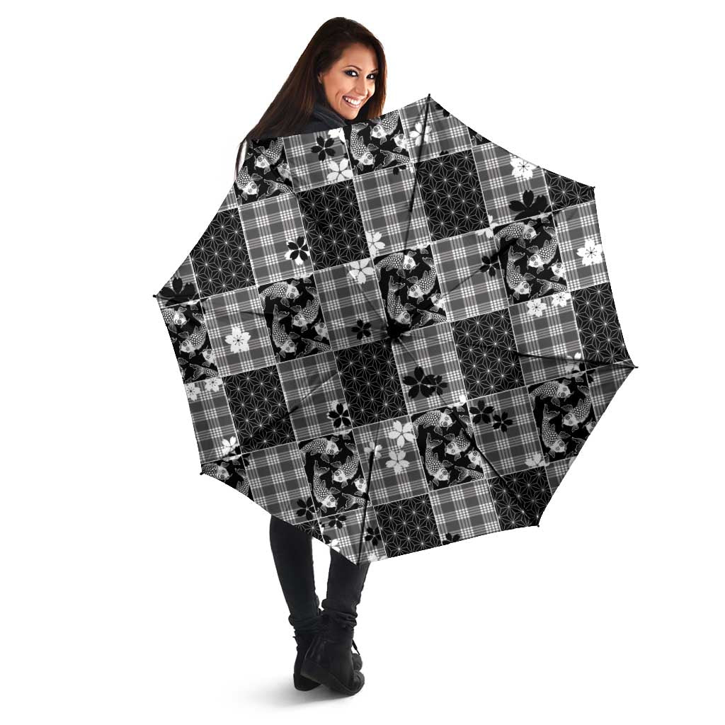 Black Palaka Japanese Patterns Umbrella Koi Fish Asanoha Sakura Patchwork Stylized - Polynesian Pride