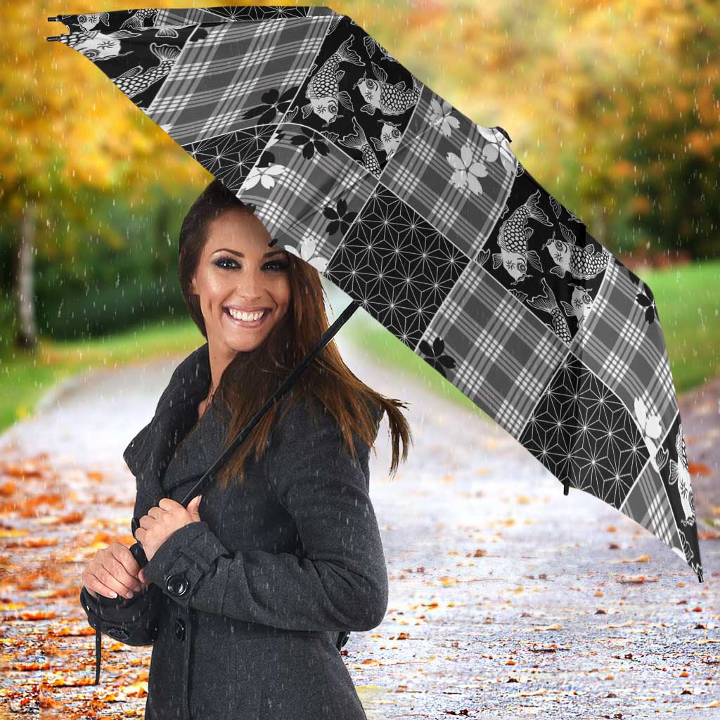 Black Palaka Japanese Patterns Umbrella Koi Fish Asanoha Sakura Patchwork Stylized - Polynesian Pride