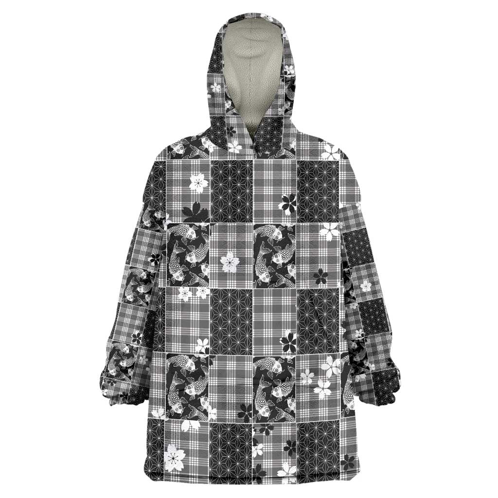 Black Palaka Japanese Patterns Wearable Blanket Hoodie Koi Fish Asanoha Sakura Patchwork Stylized - Polynesian Pride