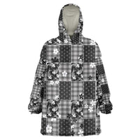 Black Palaka Japanese Patterns Wearable Blanket Hoodie Koi Fish Asanoha Sakura Patchwork Stylized - Polynesian Pride