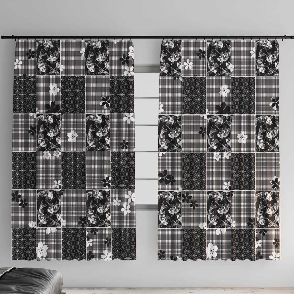 Black Palaka Japanese Patterns Window Curtain Koi Fish Asanoha Sakura Patchwork Stylized - Polynesian Pride