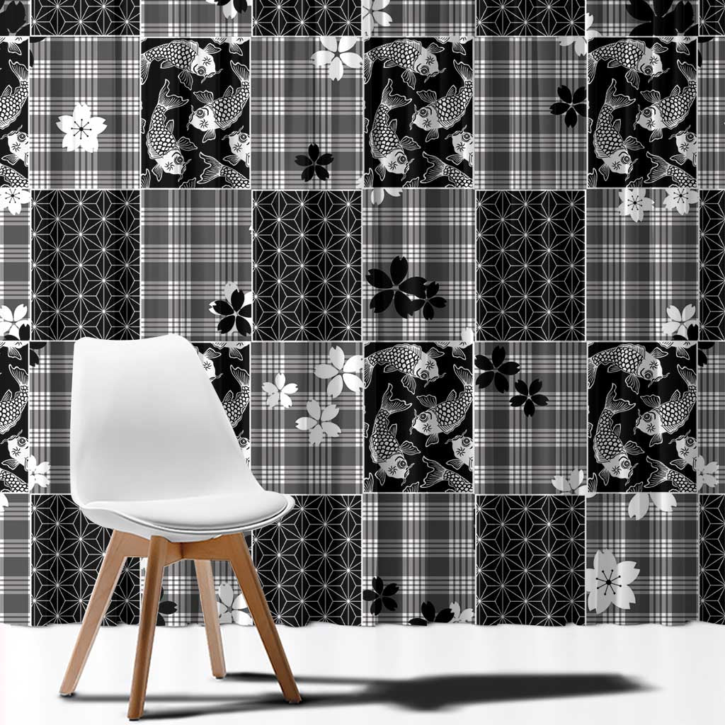 Black Palaka Japanese Patterns Window Curtain Koi Fish Asanoha Sakura Patchwork Stylized - Polynesian Pride