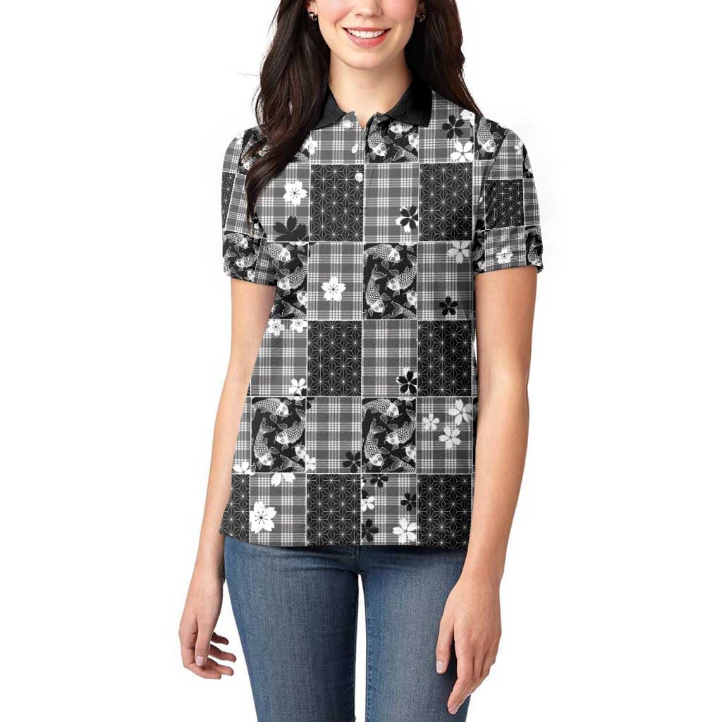 Black Palaka Japanese Patterns Women Polo Shirt Koi Fish Asanoha Sakura Patchwork Stylized - Polynesian Pride