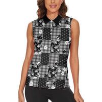 Black Palaka Japanese Patterns Women Sleeveless Polo Shirt Koi Fish Asanoha Sakura Patchwork Stylized - Polynesian Pride