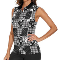 Black Palaka Japanese Patterns Women Sleeveless Polo Shirt Koi Fish Asanoha Sakura Patchwork Stylized - Polynesian Pride