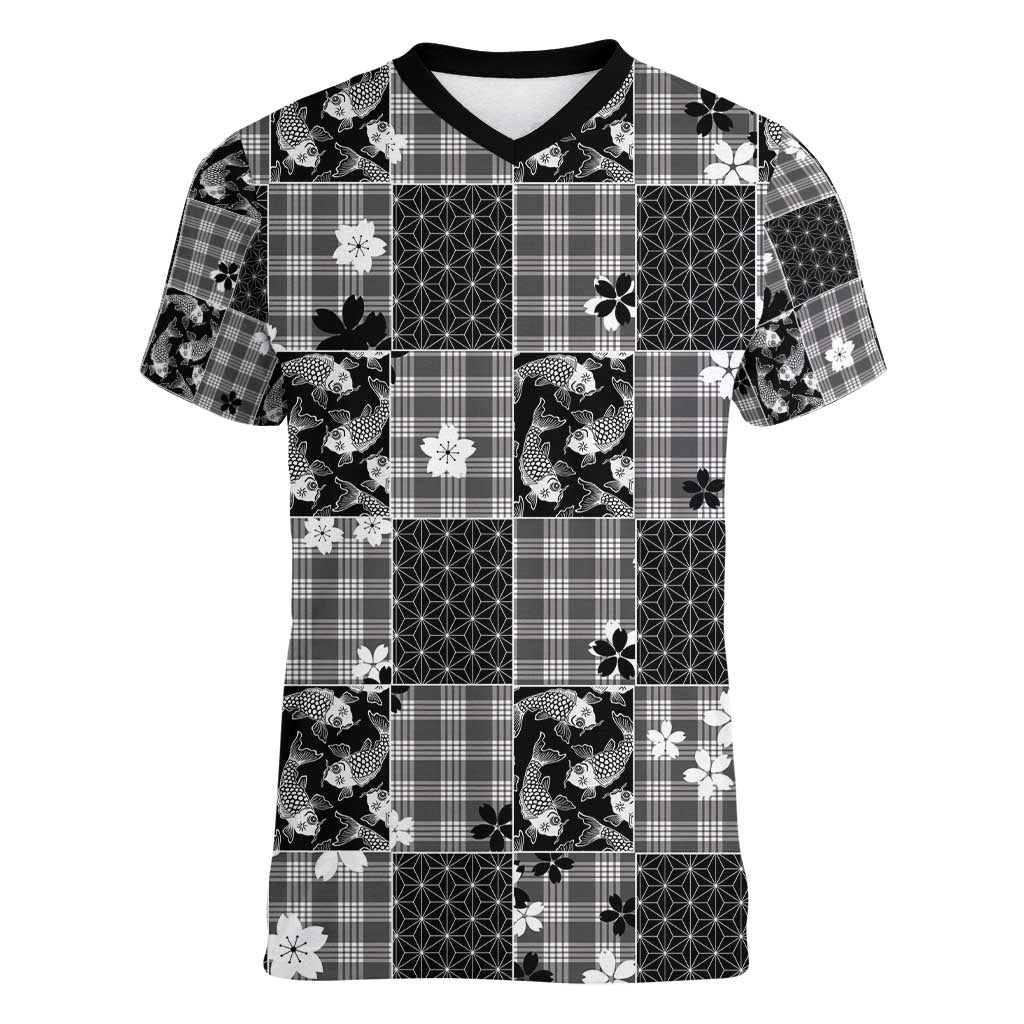 Black Palaka Japanese Patterns Women V-Neck T-Shirt Koi Fish Asanoha Sakura Patchwork Stylized - Polynesian Pride