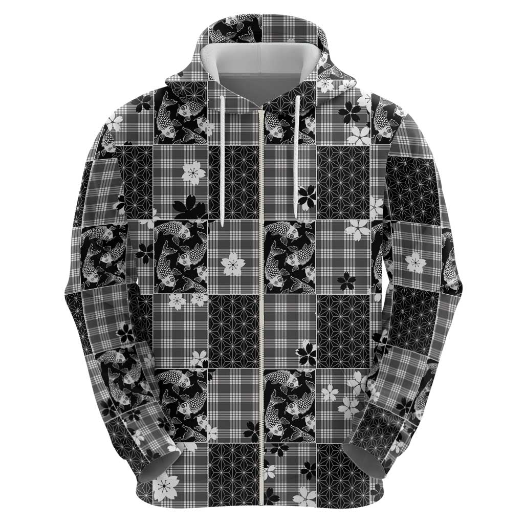 Black Palaka Japanese Patterns Zip Hoodie Koi Fish Asanoha Sakura Patchwork Stylized - Polynesian Pride