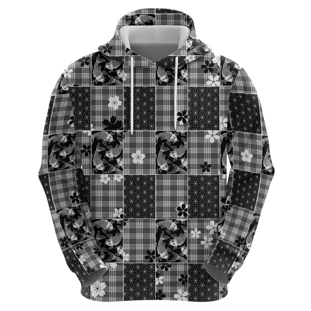 Black Palaka Japanese Patterns Zip Hoodie Koi Fish Asanoha Sakura Patchwork Stylized - Polynesian Pride