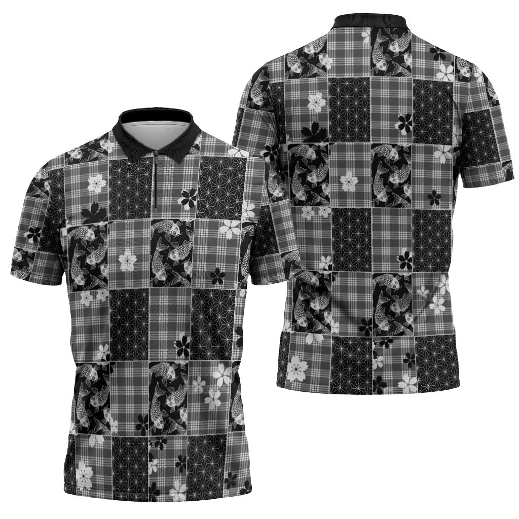 Black Palaka Japanese Patterns Zipper Polo Shirt Koi Fish Asanoha Sakura Patchwork Stylized - Polynesian Pride