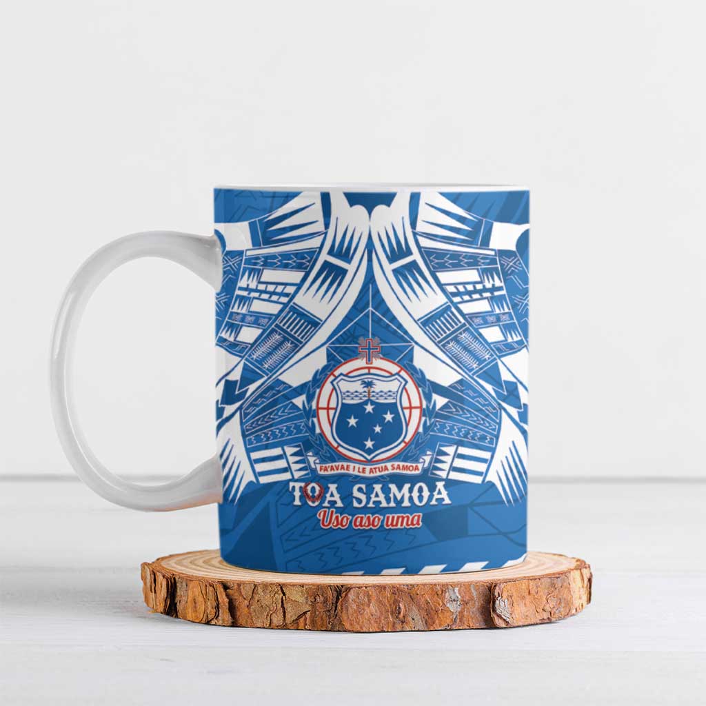 Toa Samoa Rugby Custom Ceramic Mug Uso aso uma Samoan Pattern Blue - Polynesian Pride