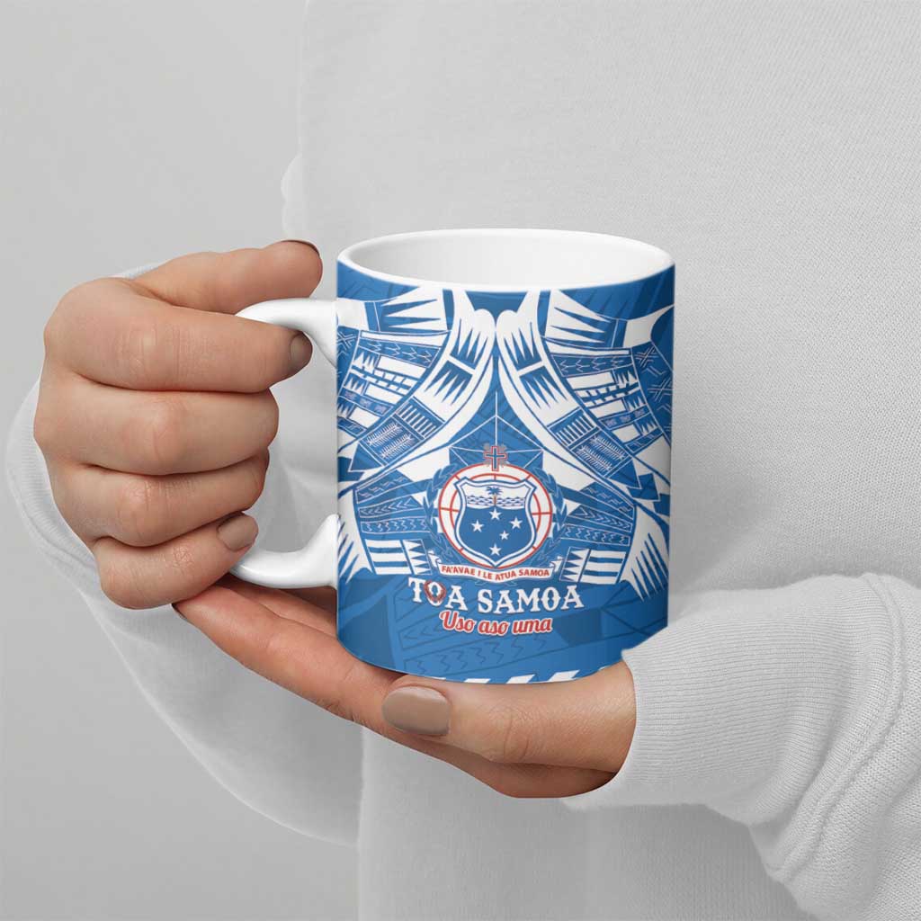 Toa Samoa Rugby Custom Ceramic Mug Uso aso uma Samoan Pattern Blue - Polynesian Pride