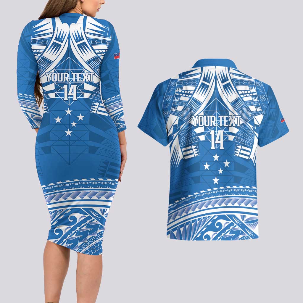 Toa Samoa Rugby Custom Couples Matching Long Sleeve Bodycon Dress and Hawaiian Shirt Uso aso uma Samoan Pattern Blue - Polynesian Pride