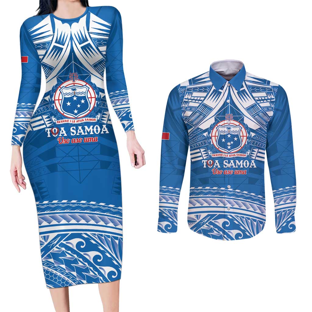 Toa Samoa Rugby Custom Couples Matching Long Sleeve Bodycon Dress and Long Sleeve Button Shirt Uso aso uma Samoan Pattern Blue - Polynesian Pride