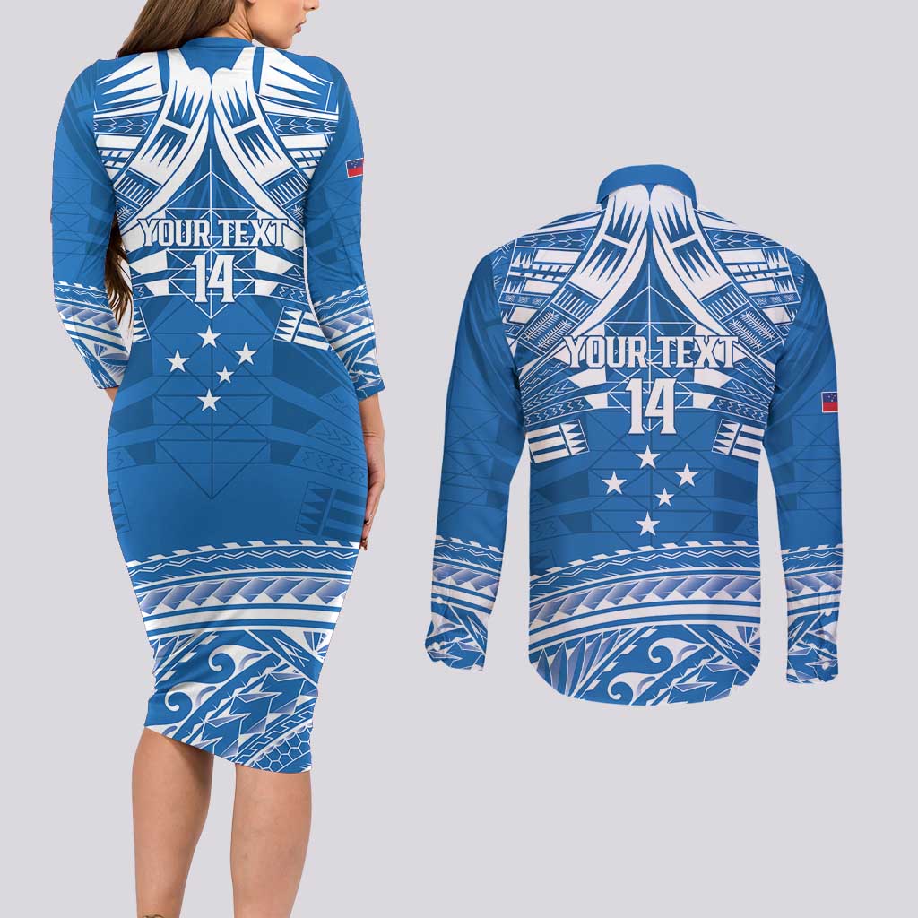 Toa Samoa Rugby Custom Couples Matching Long Sleeve Bodycon Dress and Long Sleeve Button Shirt Uso aso uma Samoan Pattern Blue - Polynesian Pride