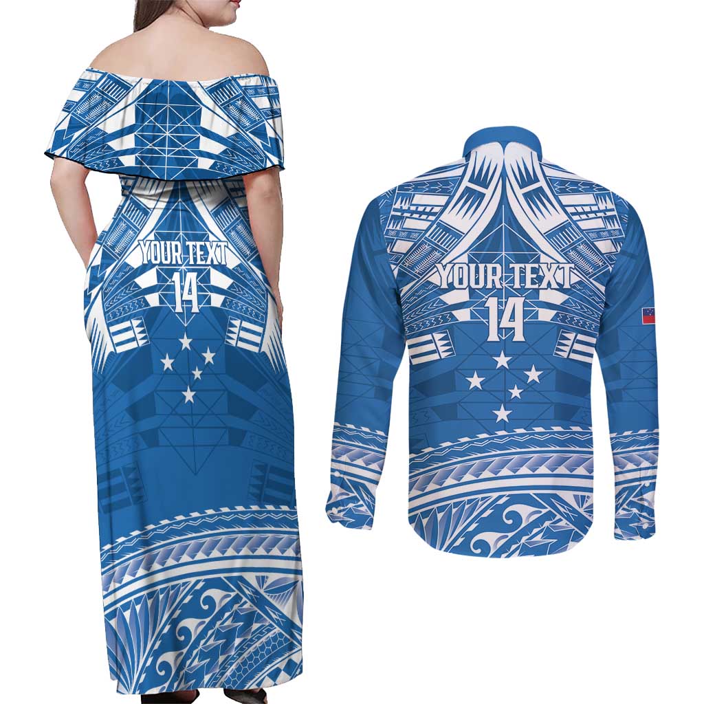 Toa Samoa Rugby Custom Couples Matching Off Shoulder Maxi Dress and Long Sleeve Button Shirt Uso aso uma Samoan Pattern Blue - Polynesian Pride