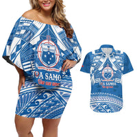 Toa Samoa Rugby Custom Couples Matching Off Shoulder Short Dress and Hawaiian Shirt Uso aso uma Samoan Pattern Blue - Polynesian Pride