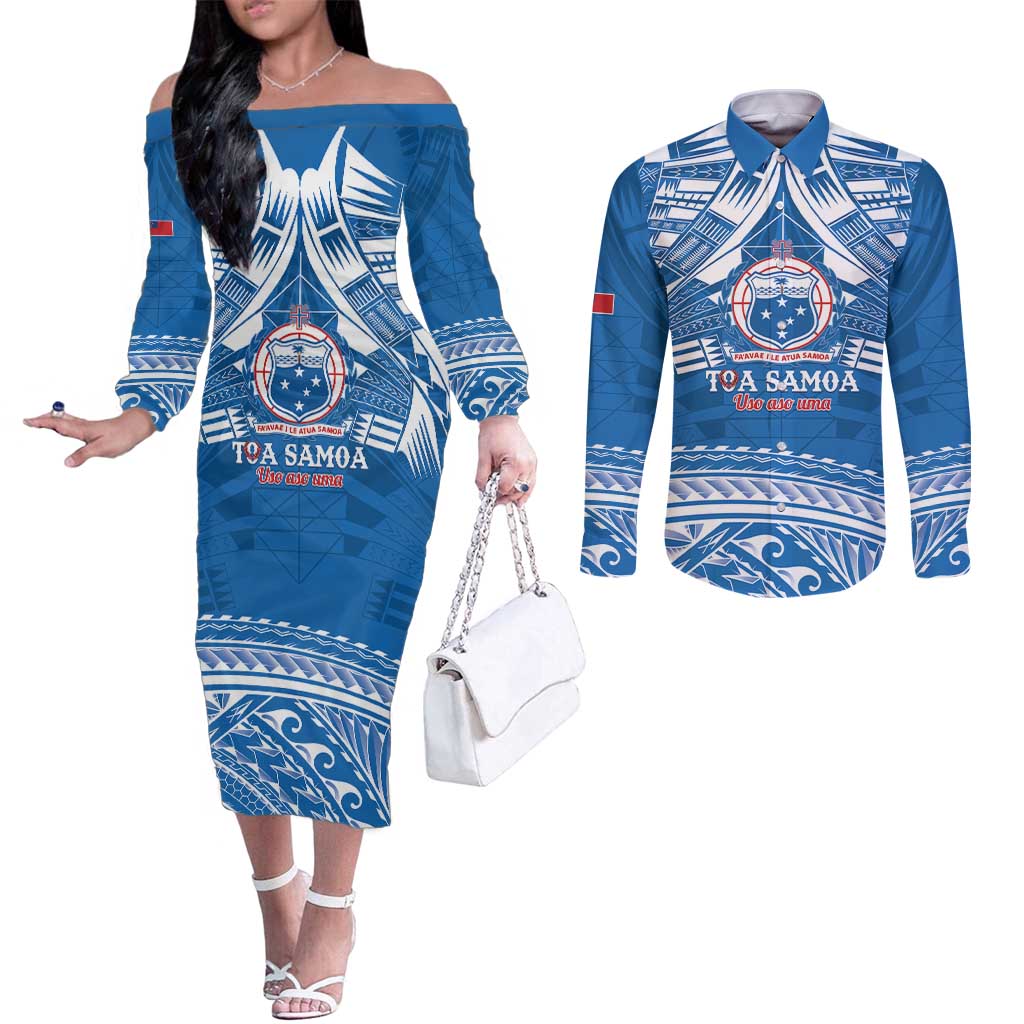 Toa Samoa Rugby Custom Couples Matching Off The Shoulder Long Sleeve Dress and Long Sleeve Button Shirt Uso aso uma Samoan Pattern Blue - Polynesian Pride