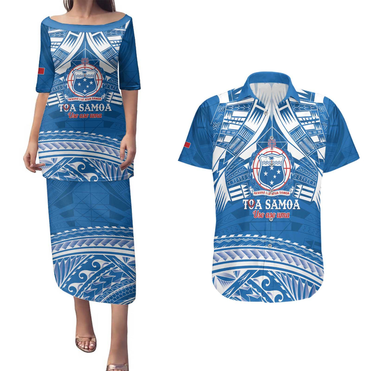 Toa Samoa Rugby Custom Couples Matching Puletasi and Hawaiian Shirt Uso aso uma Samoan Pattern Blue - Polynesian Pride
