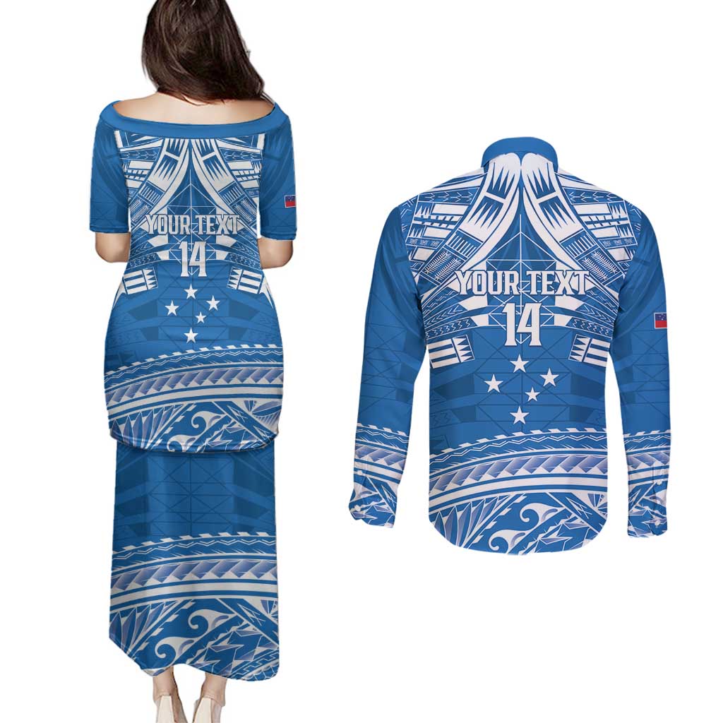 Toa Samoa Rugby Custom Couples Matching Puletasi and Long Sleeve Button Shirt Uso aso uma Samoan Pattern Blue - Polynesian Pride