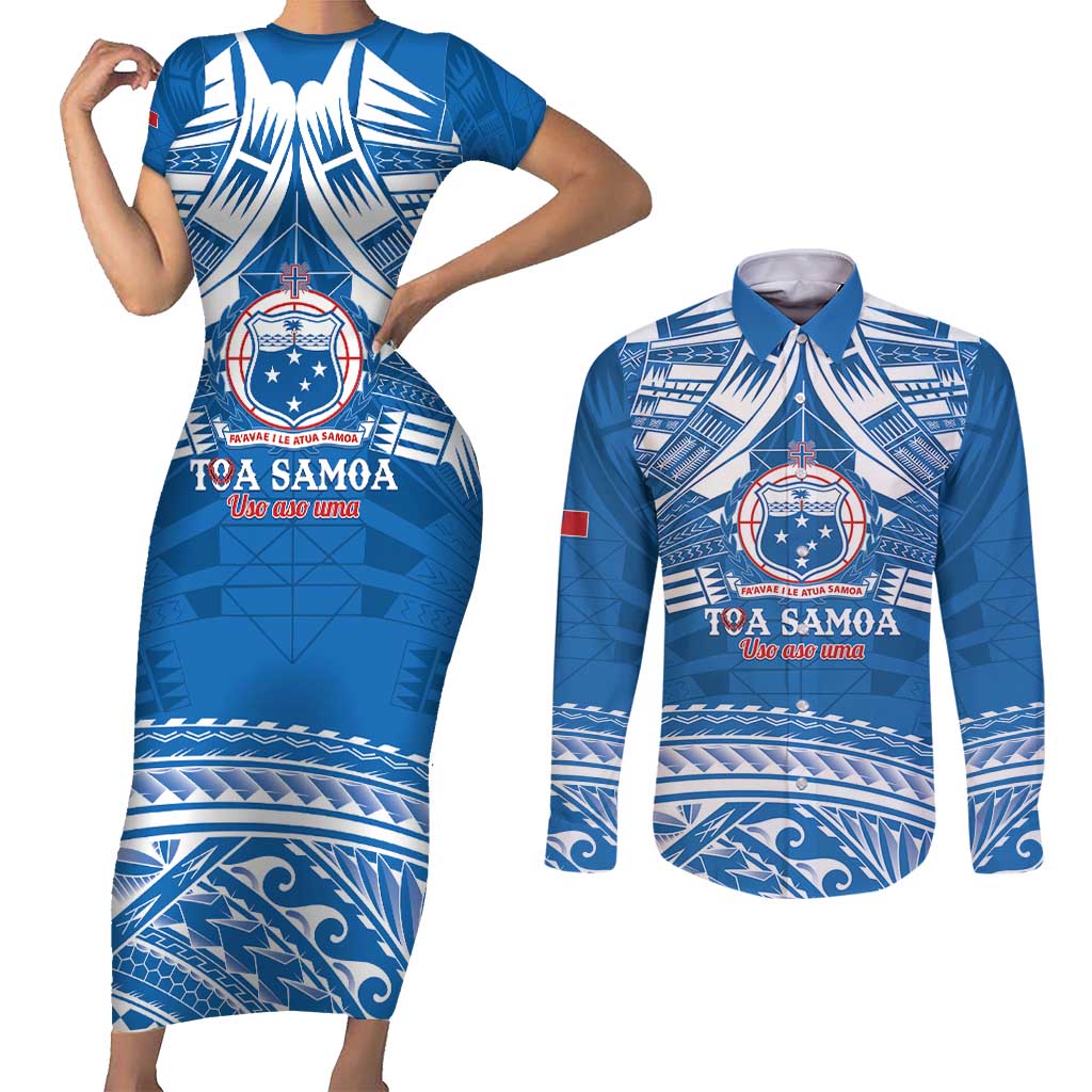 Toa Samoa Rugby Custom Couples Matching Short Sleeve Bodycon Dress and Long Sleeve Button Shirt Uso aso uma Samoan Pattern Blue - Polynesian Pride