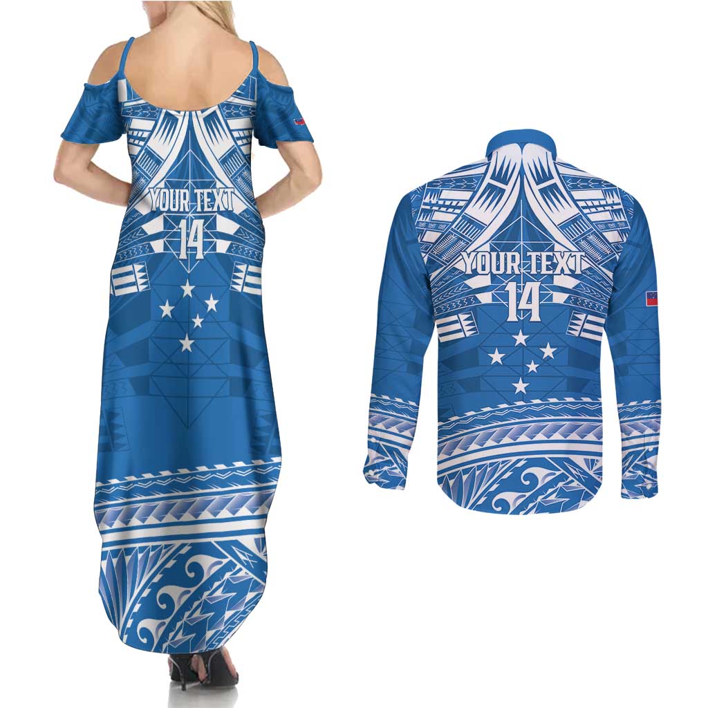 Toa Samoa Rugby Custom Couples Matching Summer Maxi Dress and Long Sleeve Button Shirt Uso aso uma Samoan Pattern Blue - Polynesian Pride