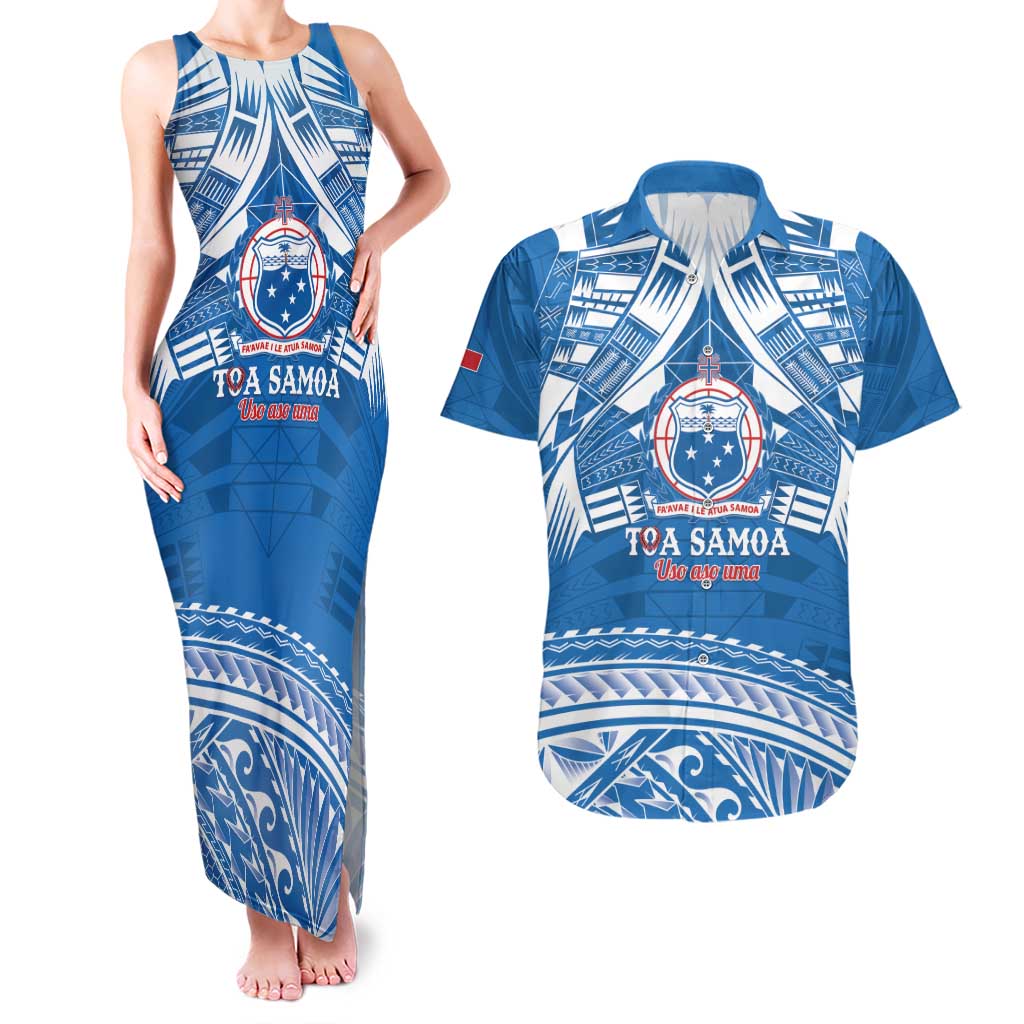 Toa Samoa Rugby Custom Couples Matching Tank Maxi Dress and Hawaiian Shirt Uso aso uma Samoan Pattern Blue - Polynesian Pride