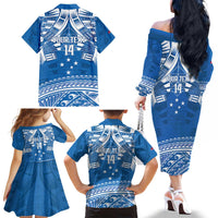 Toa Samoa Rugby Custom Family Matching Off The Shoulder Long Sleeve Dress and Hawaiian Shirt Uso aso uma Samoan Pattern Blue - Polynesian Pride