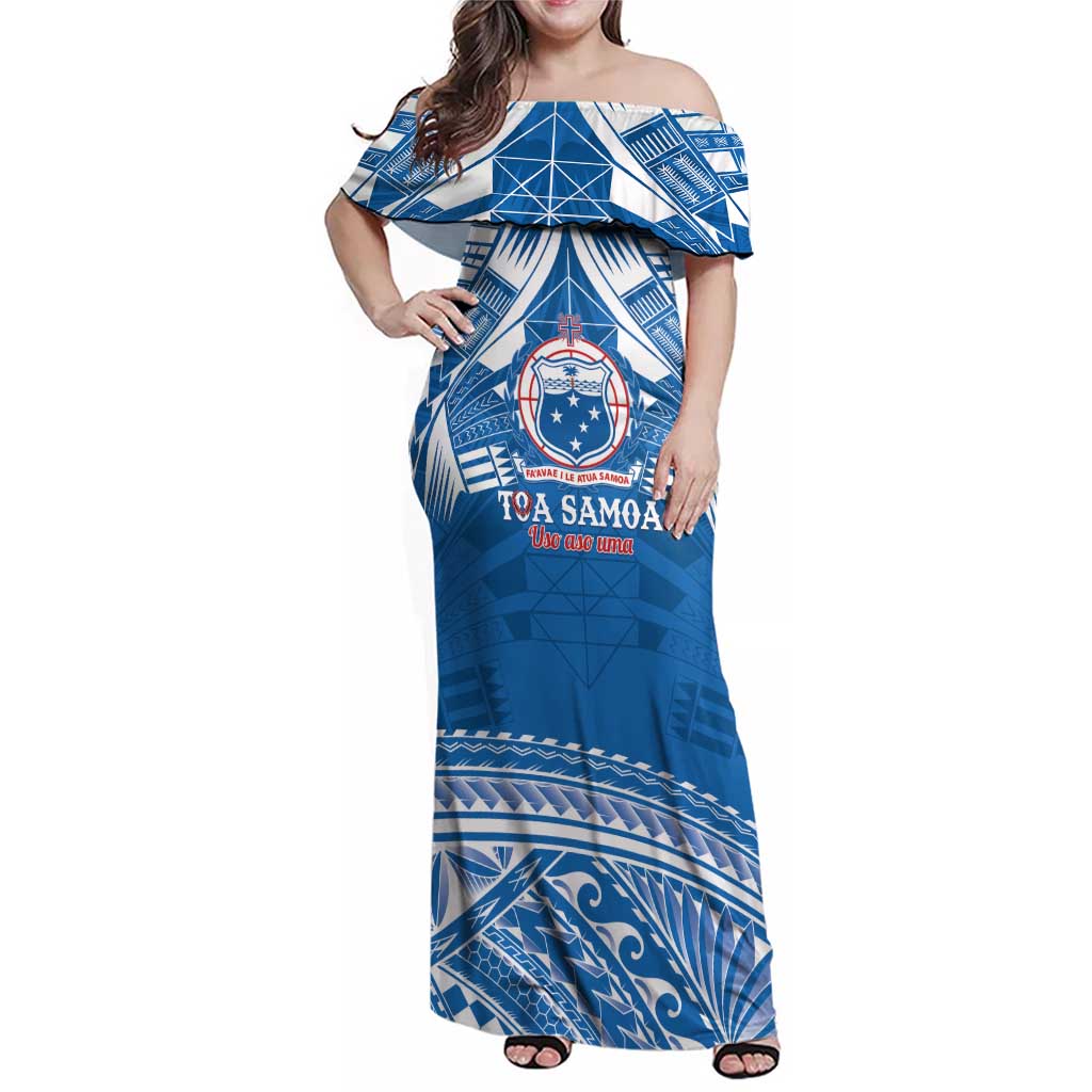 Toa Samoa Rugby Custom Family Matching Off Shoulder Maxi Dress and Hawaiian Shirt Uso aso uma Samoan Pattern Blue - Polynesian Pride