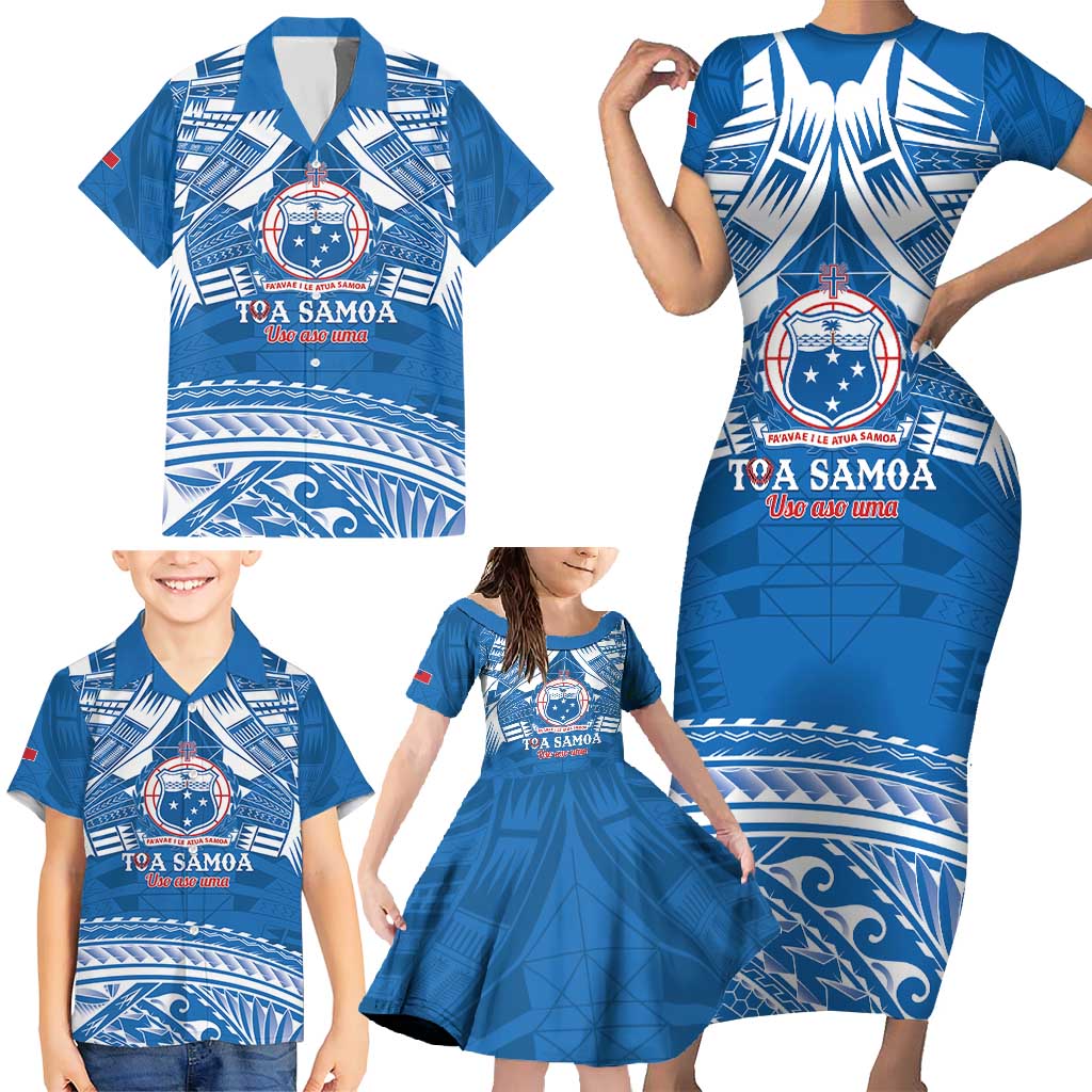 Toa Samoa Rugby Custom Family Matching Short Sleeve Bodycon Dress and Hawaiian Shirt Uso aso uma Samoan Pattern Blue - Polynesian Pride