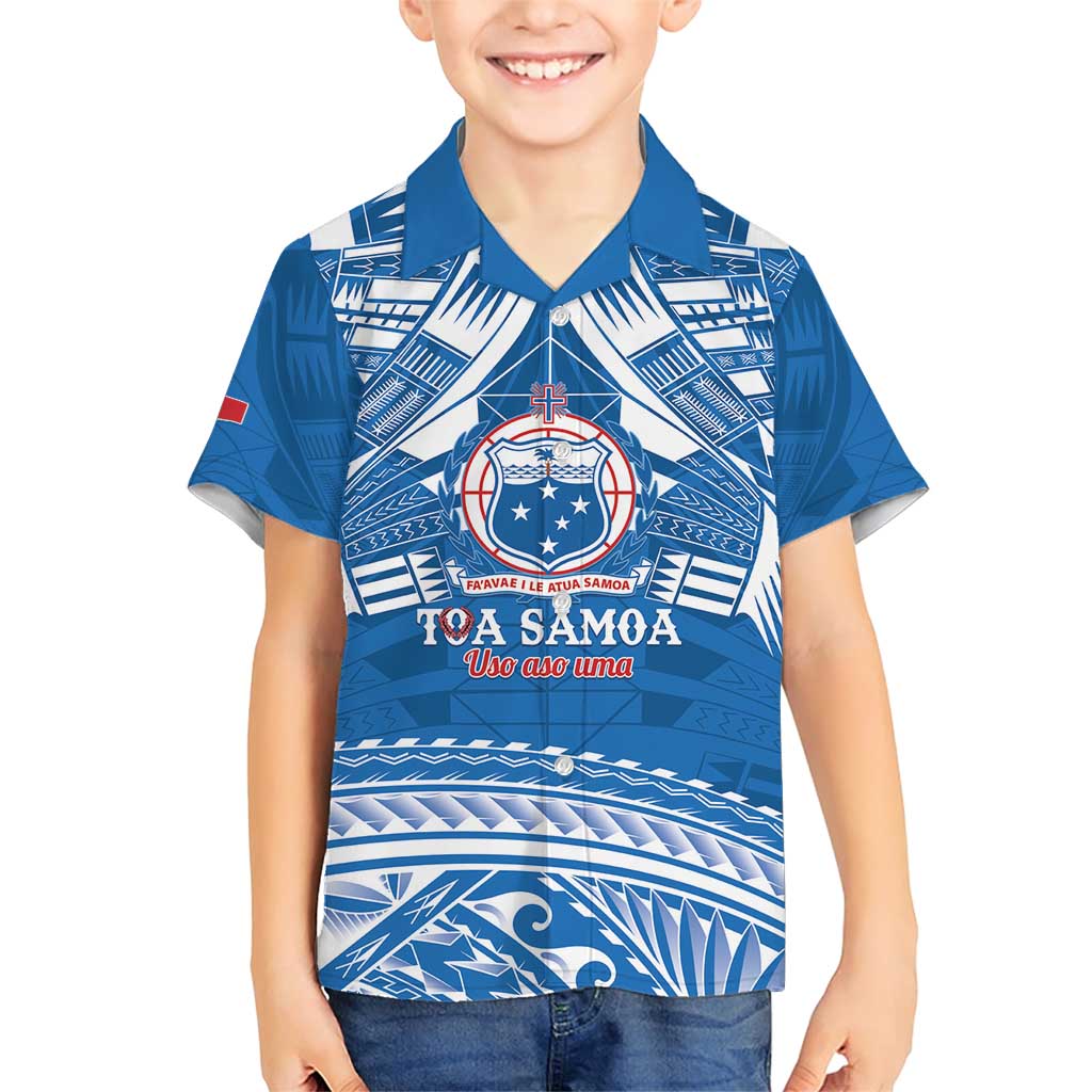 Toa Samoa Rugby Custom Family Matching Short Sleeve Bodycon Dress and Hawaiian Shirt Uso aso uma Samoan Pattern Blue - Polynesian Pride