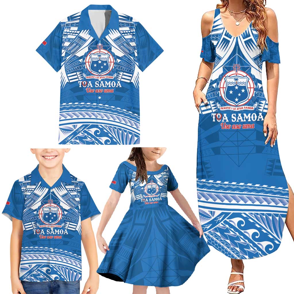 Toa Samoa Rugby Custom Family Matching Summer Maxi Dress and Hawaiian Shirt Uso aso uma Samoan Pattern Blue - Polynesian Pride