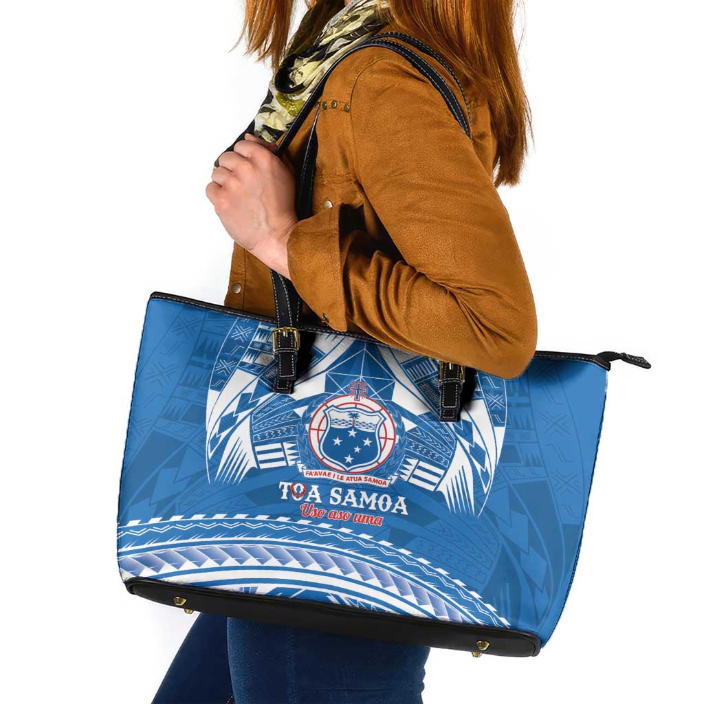 Toa Samoa Rugby Custom Leather Tote Bag Uso aso uma Samoan Pattern Blue - Polynesian Pride