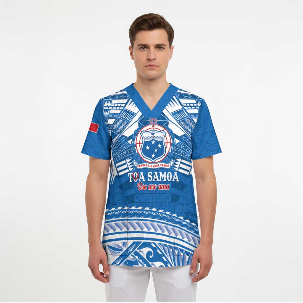 Toa Samoa Rugby Custom Scrub Top Uso aso uma Samoan Pattern Blue - Polynesian Pride