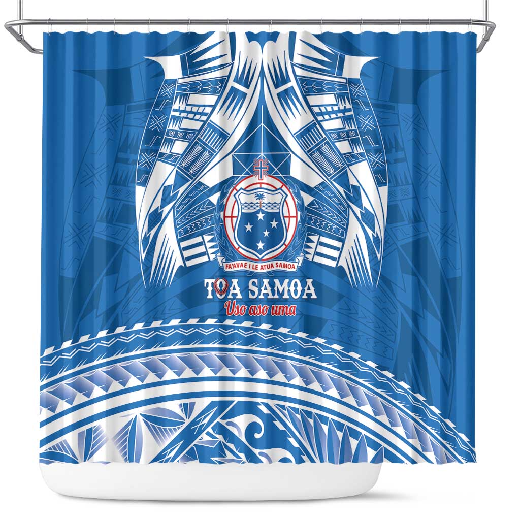 Toa Samoa Rugby Custom Shower Curtain Uso aso uma Samoan Pattern Blue - Polynesian Pride