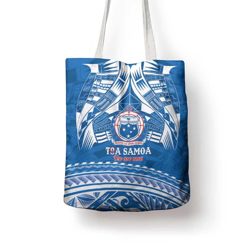 Toa Samoa Rugby Custom Tote Bag Uso aso uma Samoan Pattern Blue - Polynesian Pride