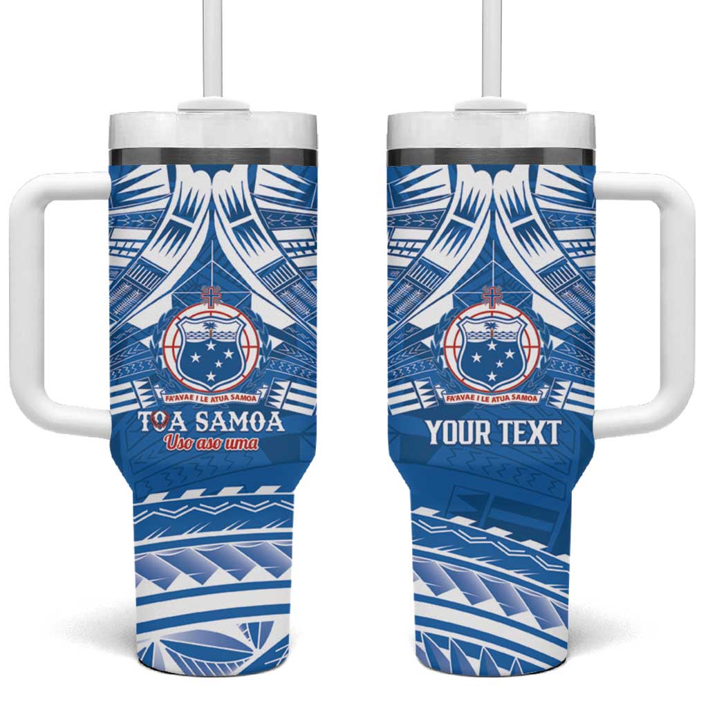 Toa Samoa Rugby Custom Tumbler With Handle Uso aso uma Samoan Pattern Blue - Polynesian Pride