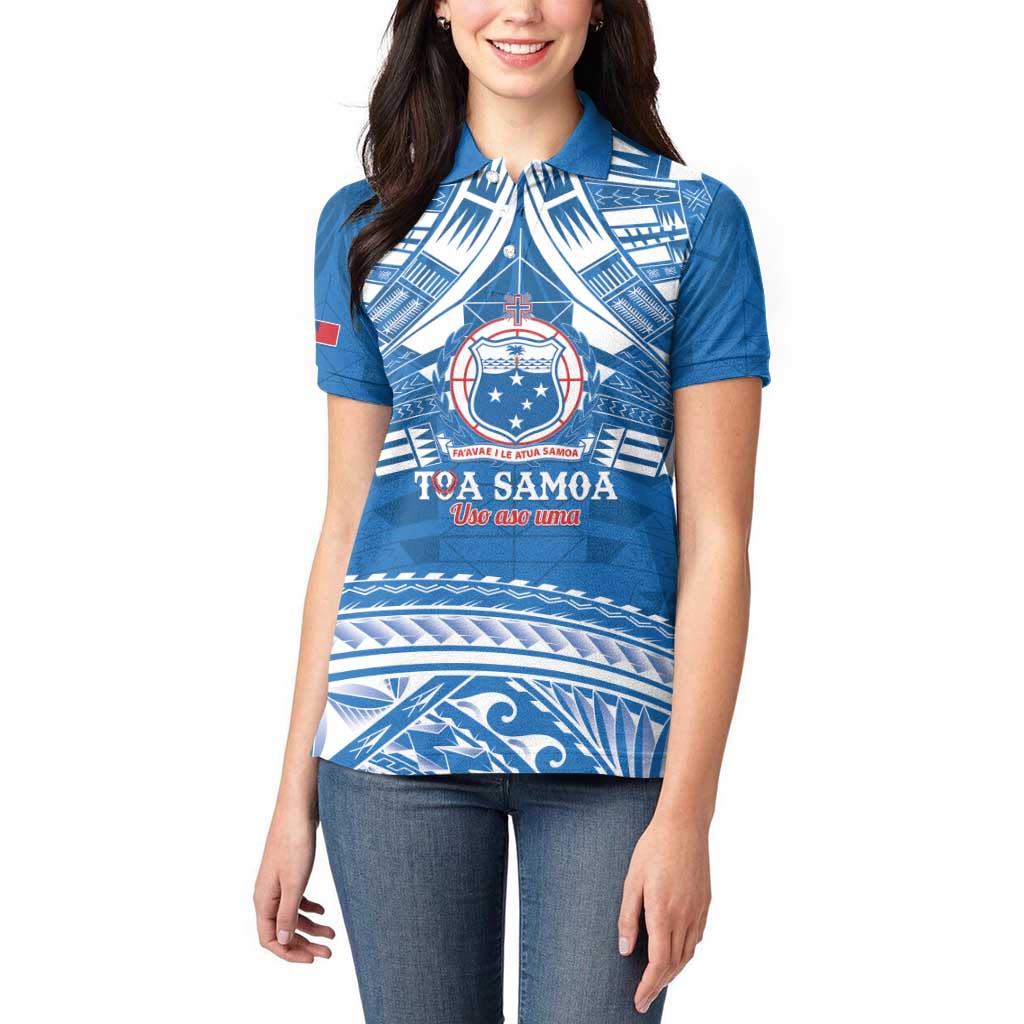 Toa Samoa Rugby Custom Women Polo Shirt Uso aso uma Samoan Pattern Blue - Polynesian Pride