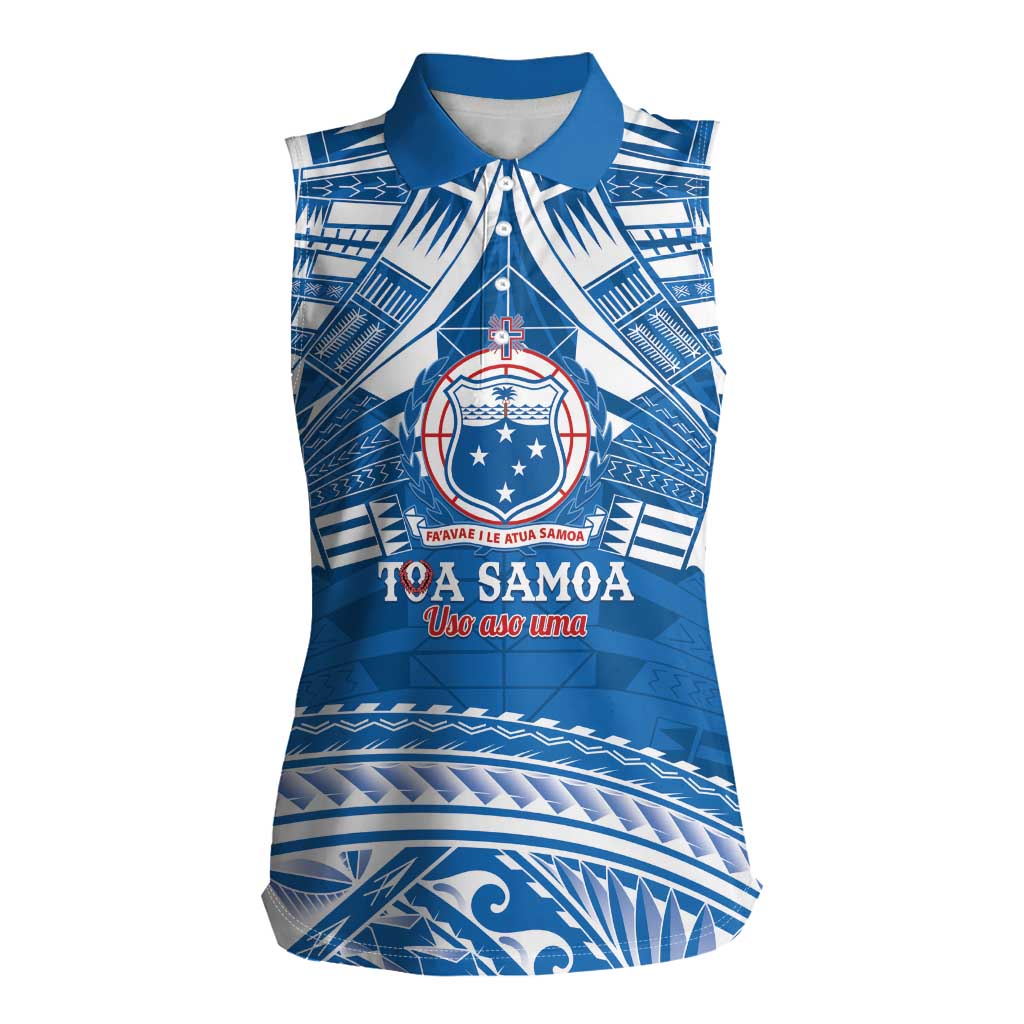 Toa Samoa Rugby Custom Women Sleeveless Polo Shirt Uso aso uma Samoan Pattern Blue - Polynesian Pride