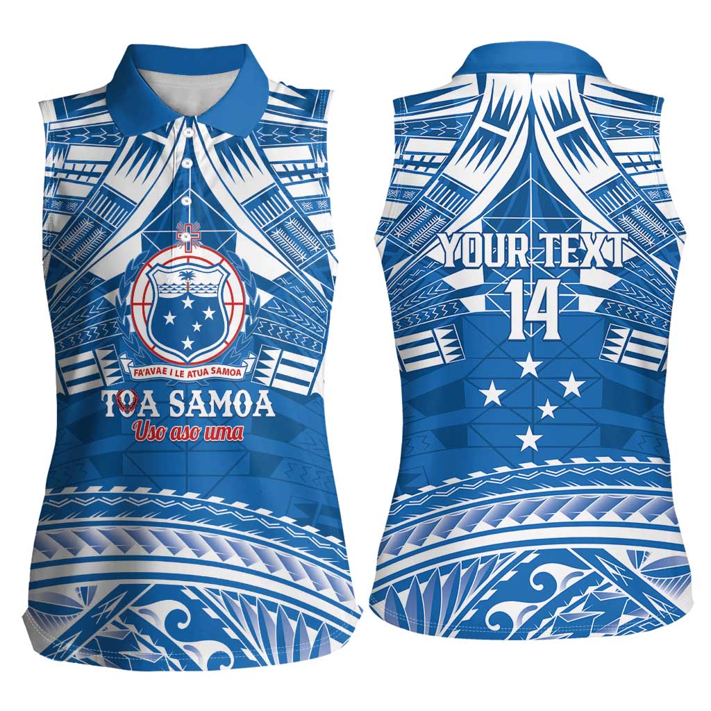 Toa Samoa Rugby Custom Women Sleeveless Polo Shirt Uso aso uma Samoan Pattern Blue - Polynesian Pride