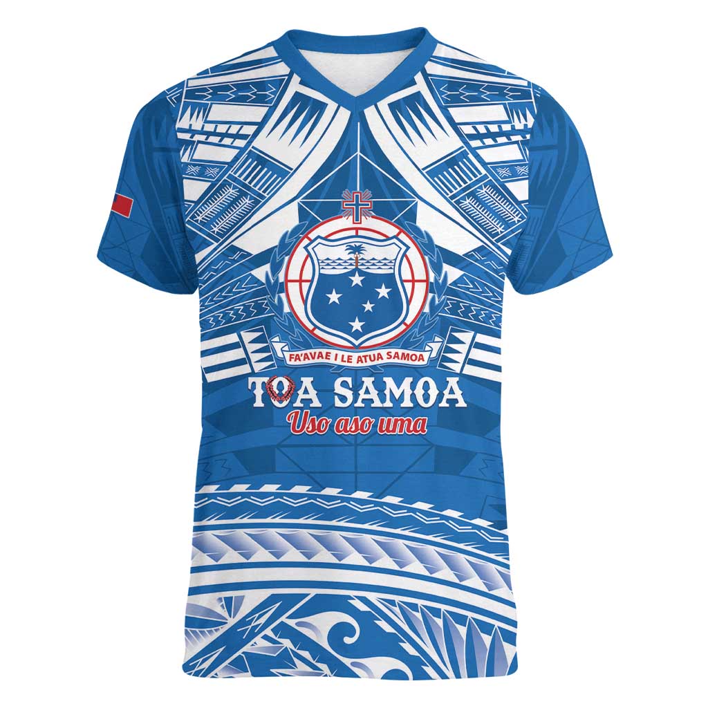 Toa Samoa Rugby Custom Women V-Neck T-Shirt Uso aso uma Samoan Pattern Blue - Polynesian Pride