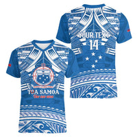 Toa Samoa Rugby Custom Women V-Neck T-Shirt Uso aso uma Samoan Pattern Blue - Polynesian Pride