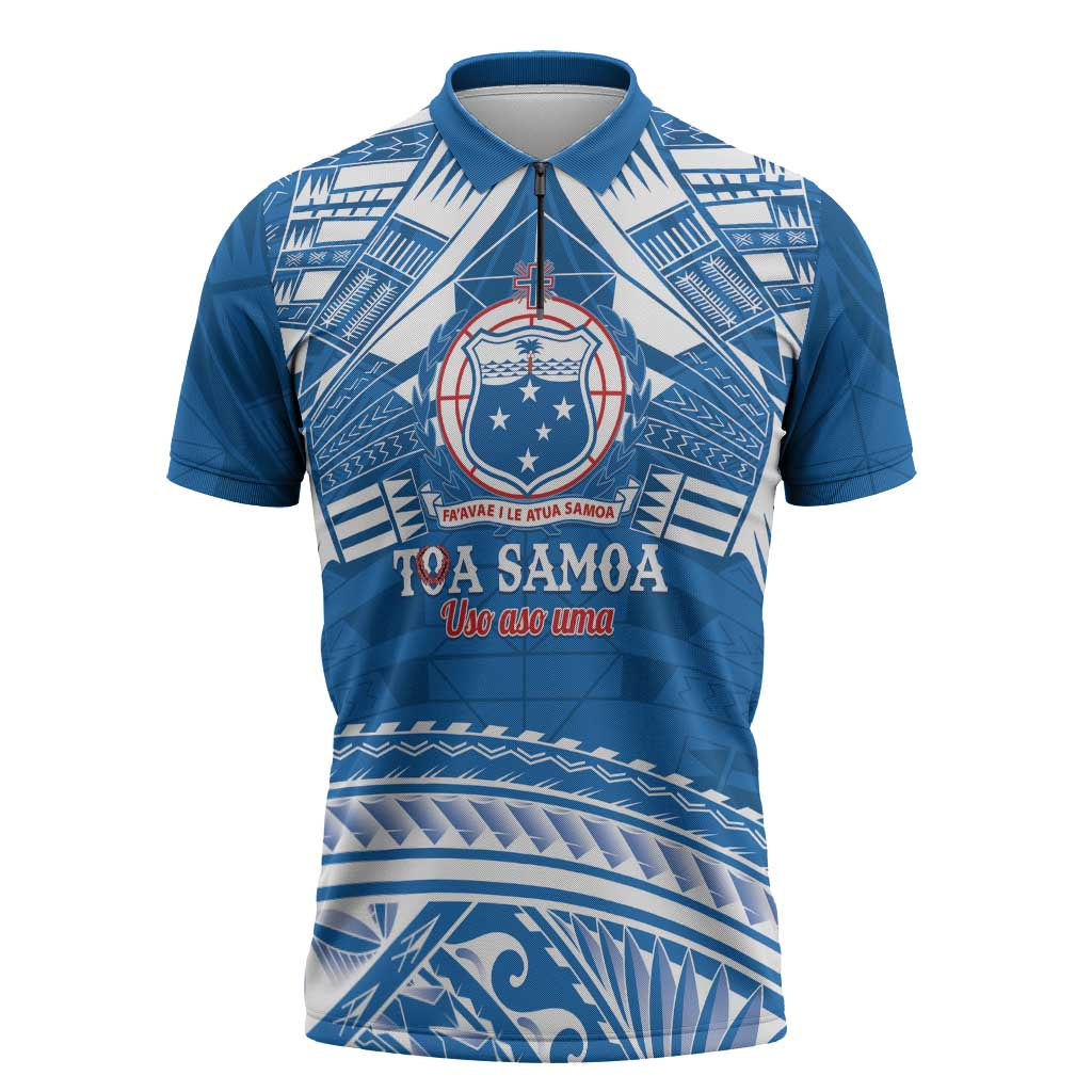 Toa Samoa Rugby Custom Zipper Polo Shirt Uso aso uma Samoan Pattern Blue - Polynesian Pride