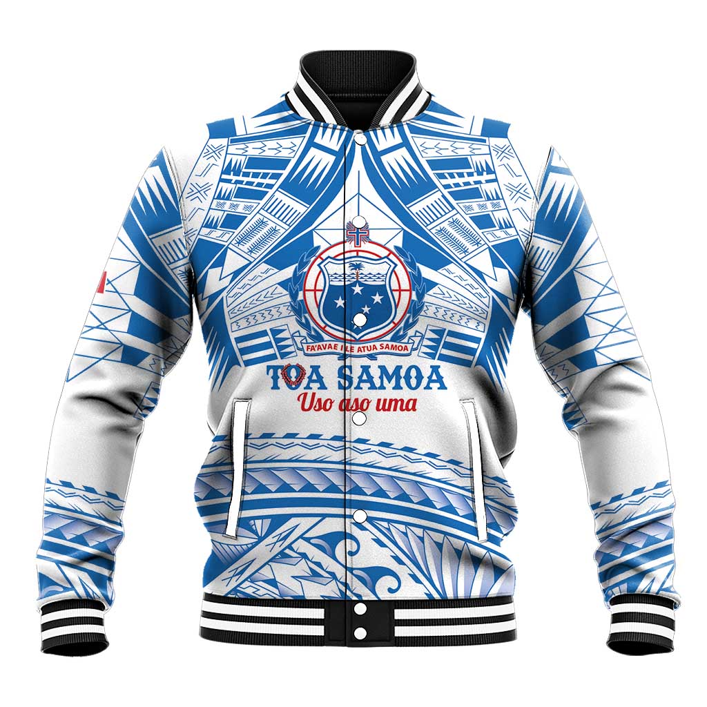 Toa Samoa Rugby Custom Baseball Jacket Uso aso uma Samoan Pattern White - Polynesian Pride