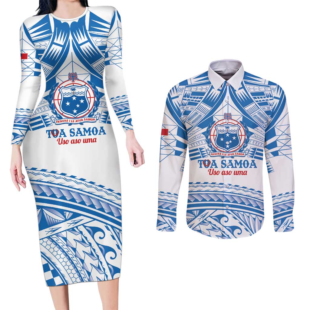 Toa Samoa Rugby Custom Couples Matching Long Sleeve Bodycon Dress and Long Sleeve Button Shirt Uso aso uma Samoan Pattern White - Polynesian Pride