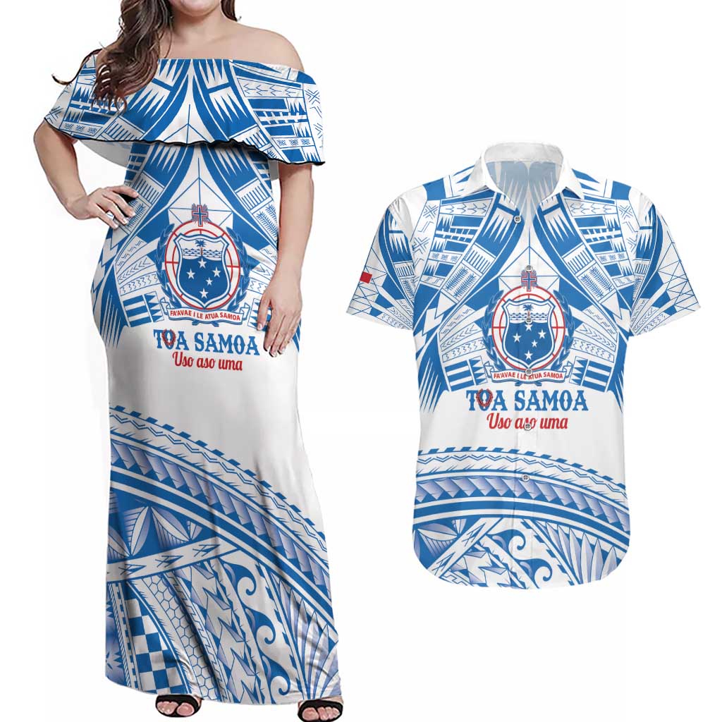 Toa Samoa Rugby Custom Couples Matching Off Shoulder Maxi Dress and Hawaiian Shirt Uso aso uma Samoan Pattern White - Polynesian Pride