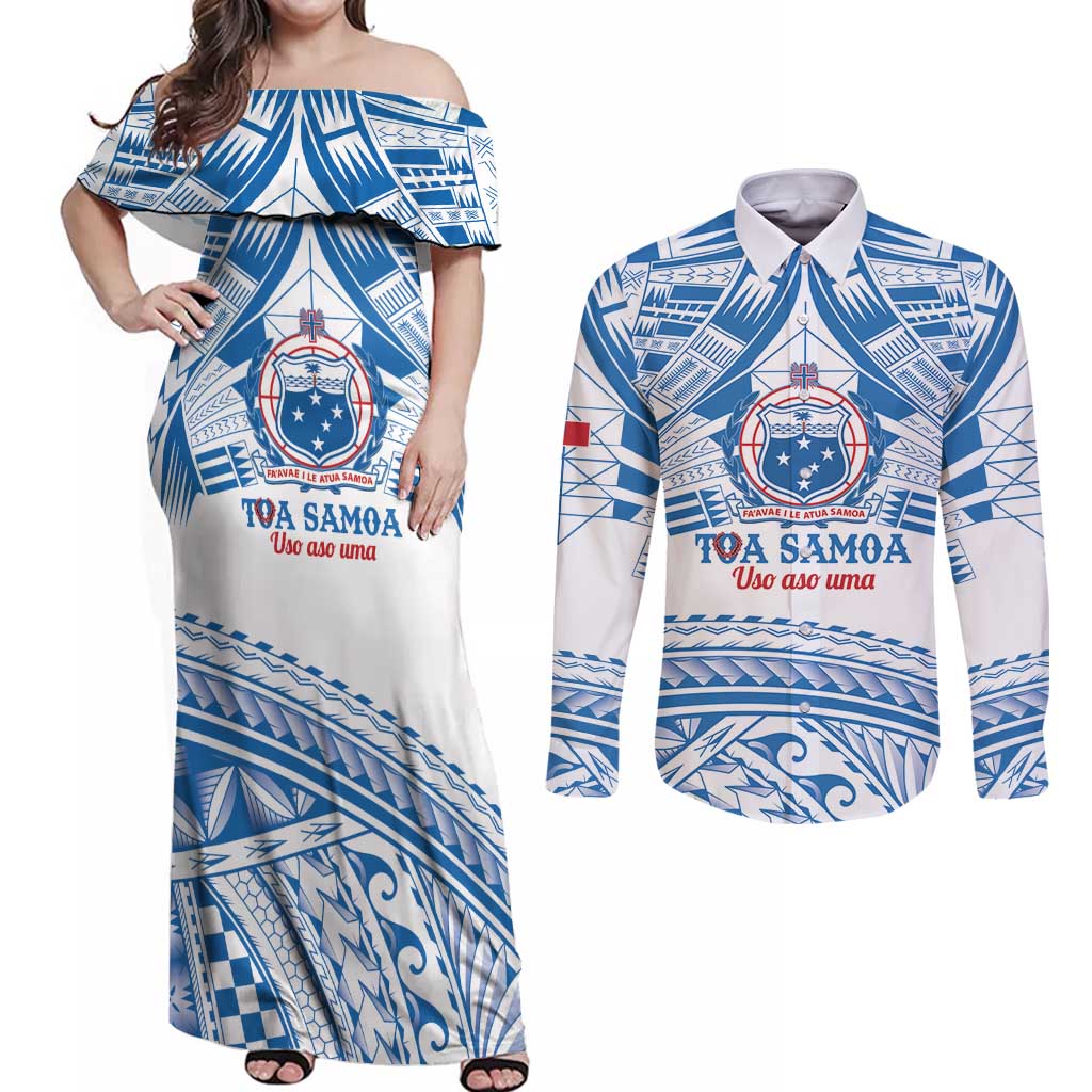 Toa Samoa Rugby Custom Couples Matching Off Shoulder Maxi Dress and Long Sleeve Button Shirt Uso aso uma Samoan Pattern White - Polynesian Pride